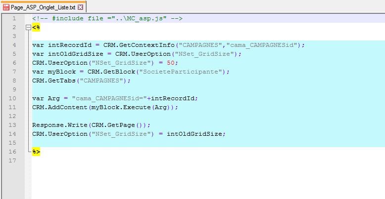Exemple d'une page ASP qui renvoie une Liste Sage CRM
