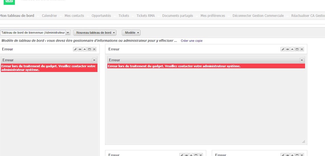 Problème Tableau de bord - Erreur Gadget