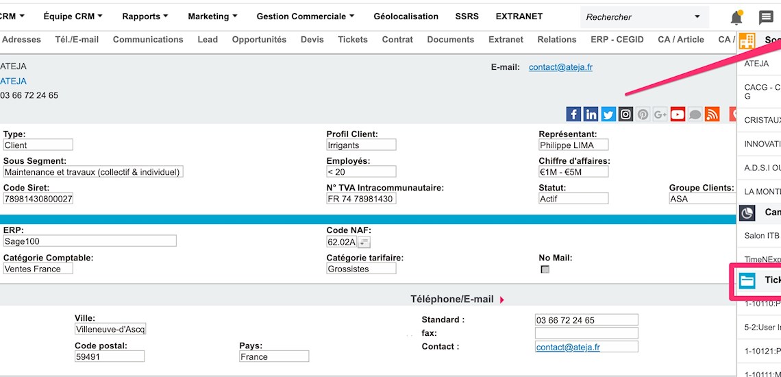 Masquer une section du menu Récent dans Sage CRM